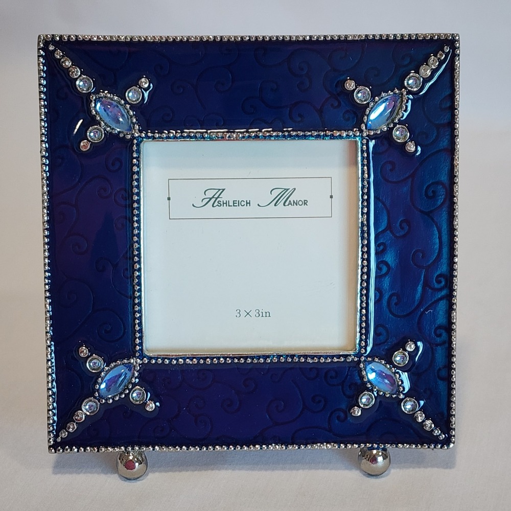 Ashleigh Manor Navy Blue Enamel Rhinestone 3x3 Picture Frame Scroll Silver Tone